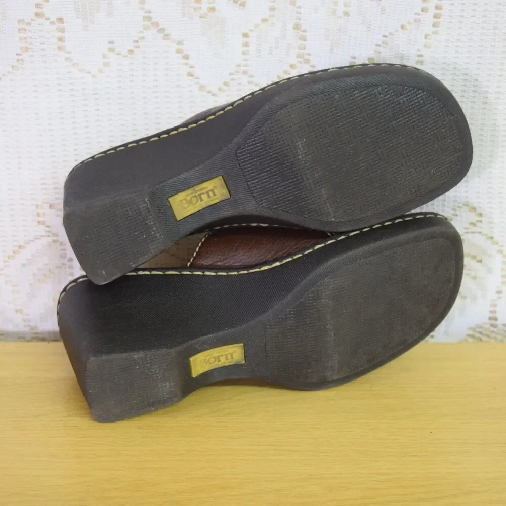 BORN Womens Size 7 Leather Chunky Square Heel Slip On Clogs Brown Y2K Mules